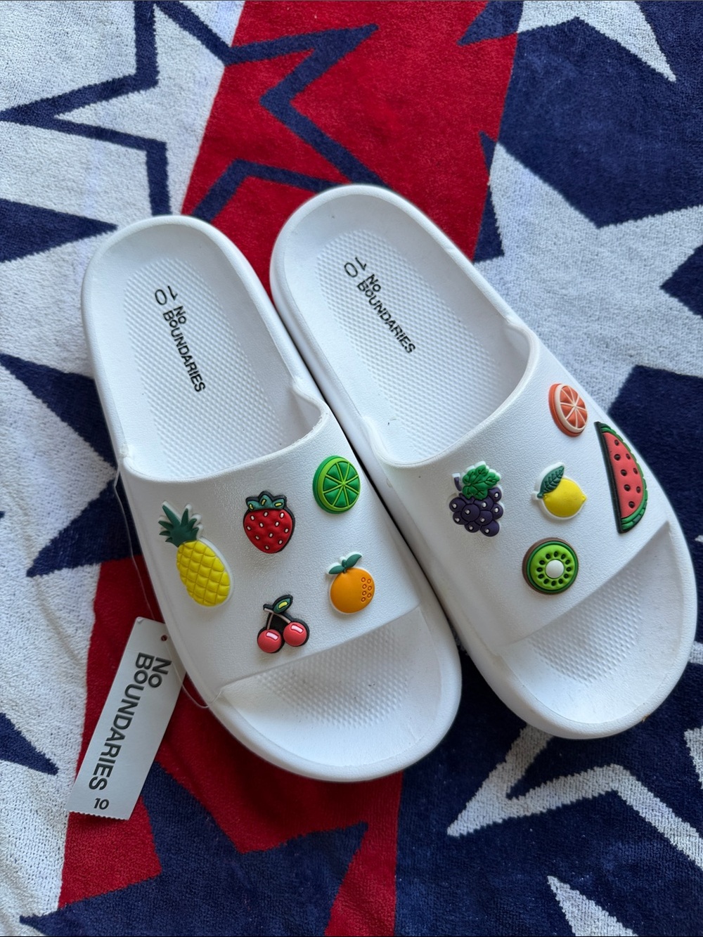 White  Slide Sandals with Colorful Fruit Charms